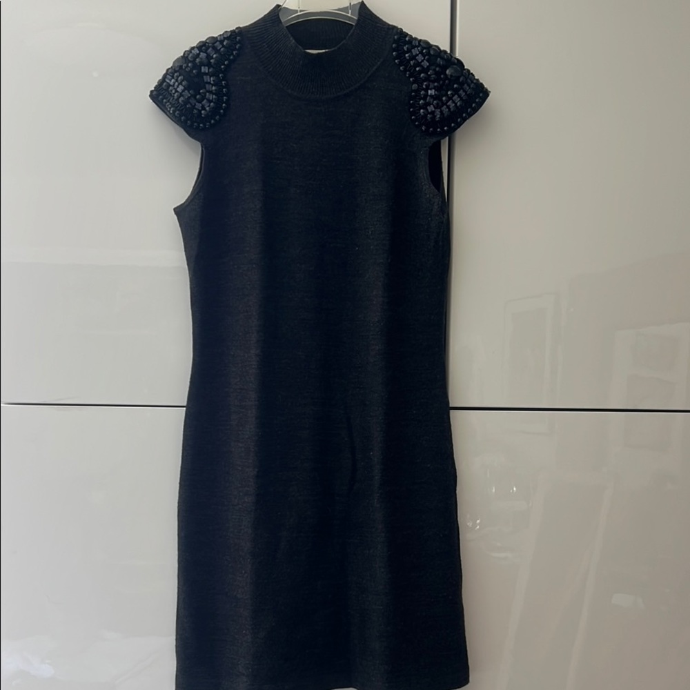 Knit grey Dress with black Beaded short sleeves Shoulders. Unique, elegant